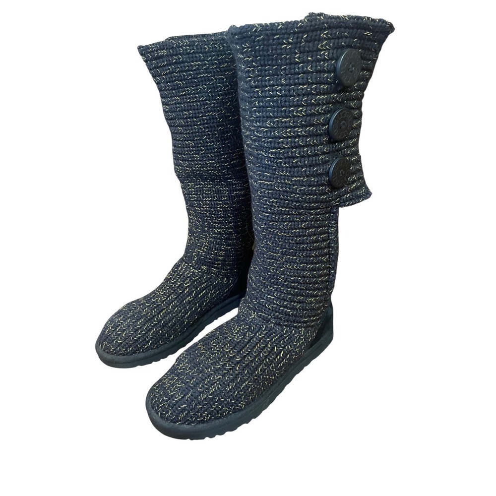 UGG Lattice Cardy Boots Womens Black Gold Metallic Knit Button Tall 9